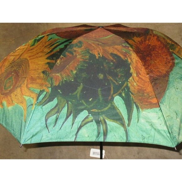 Sunflowers Van Gogh Print Compact Travel Rain Umbrella Unisex Gold Turquoise NWT - Picture 4 of 7